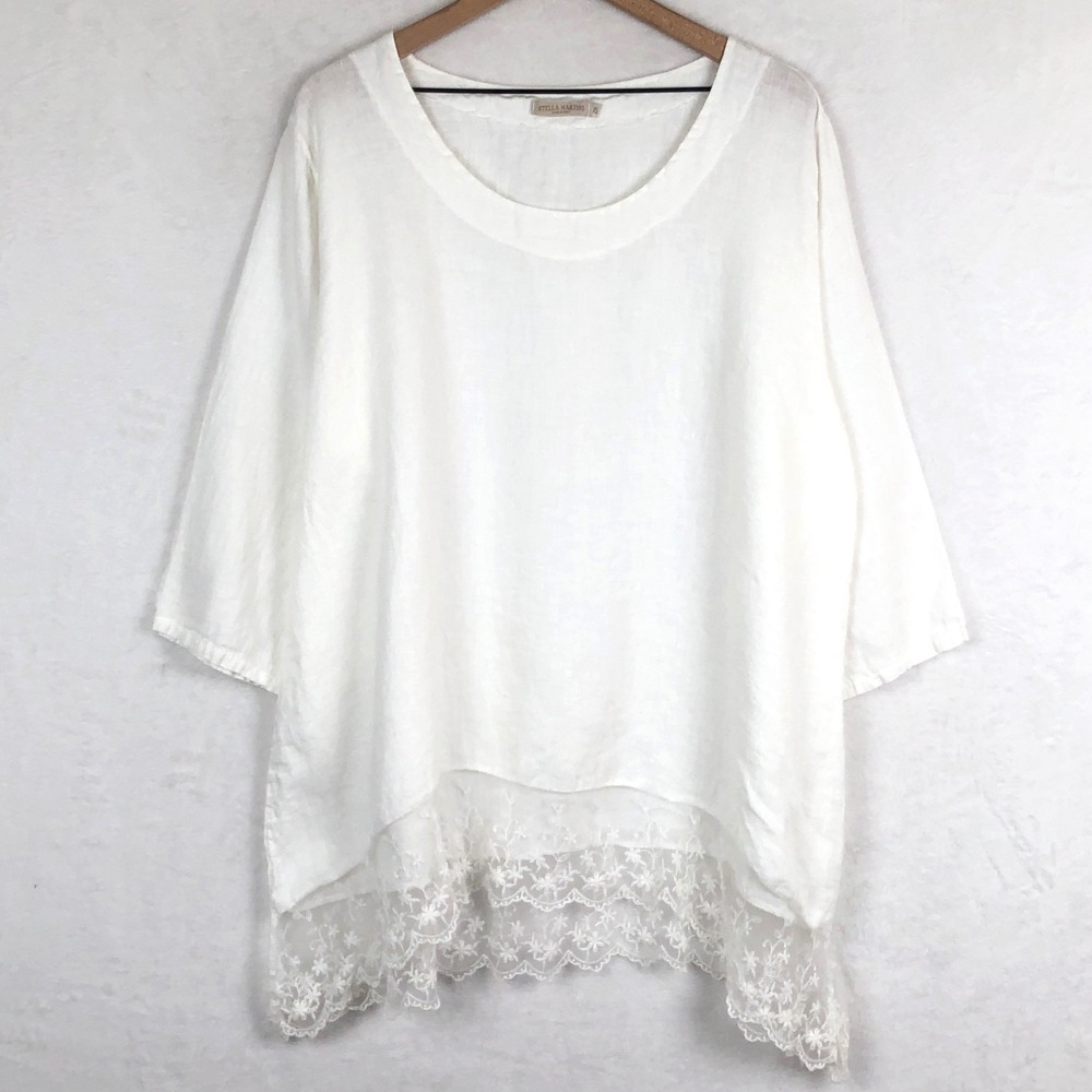 STELLA MARTINI 100% Linen & Lace Hem Tunic Top Plus Sz 2X White Coastal EUC‎